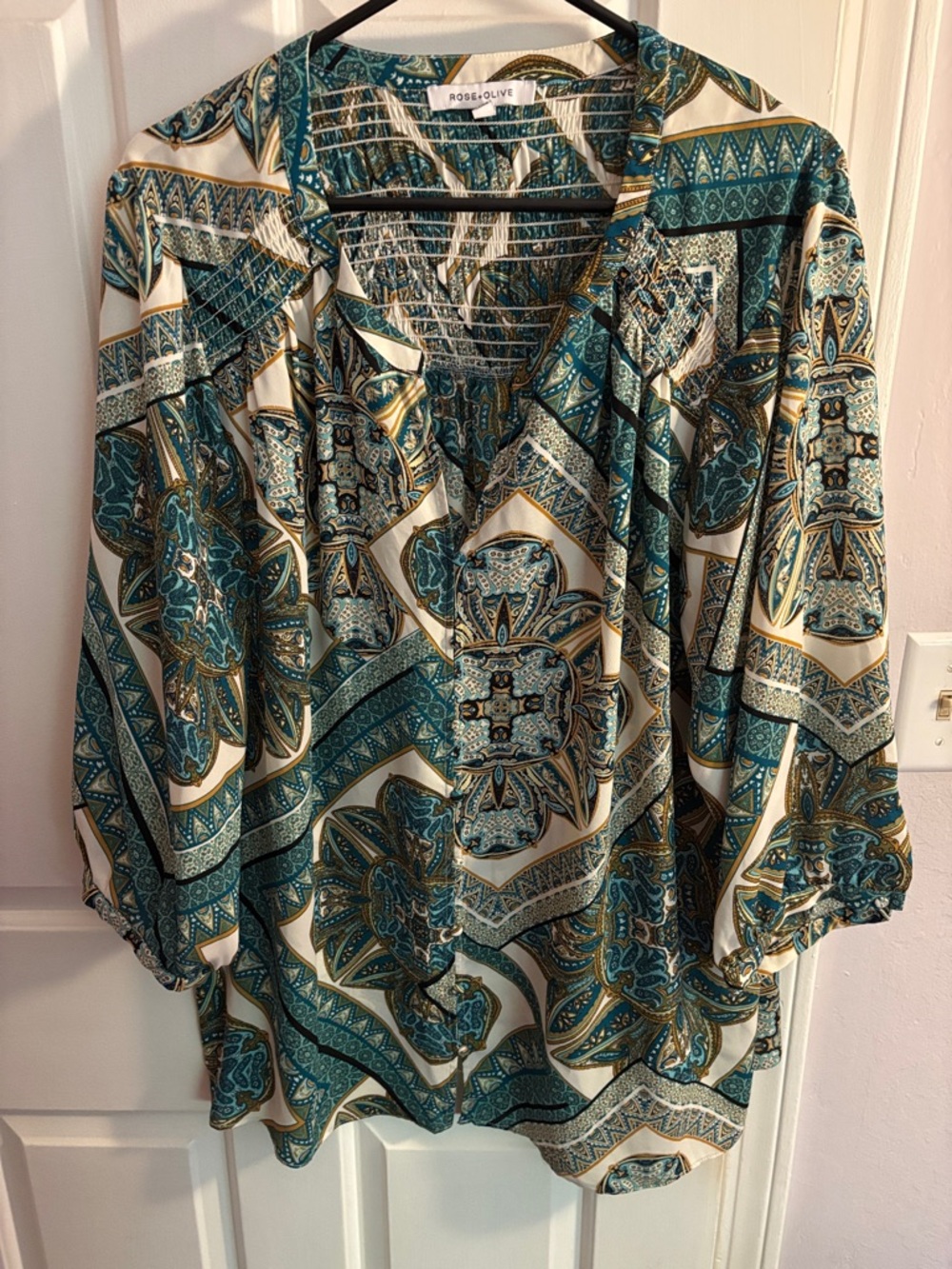 Rose & Olive Teal and Cream Paisley V-Neck Tunic